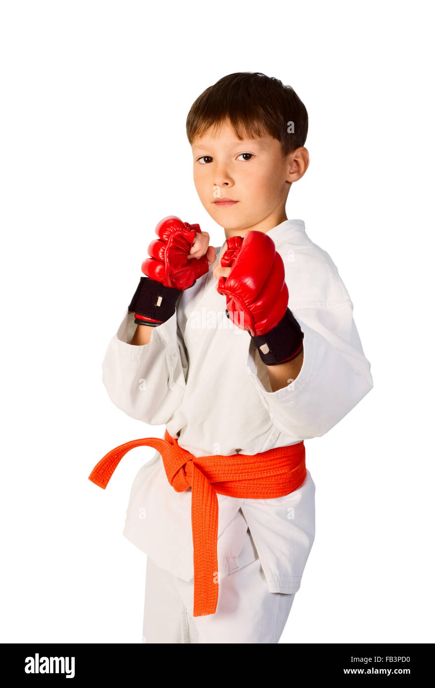 Ein kleiner Junge Aikido Kämpfer in weißen kimono Stockfoto