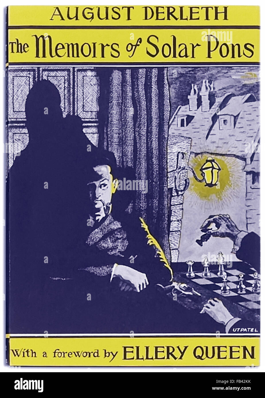 "Die Memoiren von Solar Pons" von August Derleth (1909-1971), das eine Sammlung von Krimi-Kurzgeschichten inspiriert von Sir Arthur Conan Doyles Sherlock Holmes (1859-1930). Illustration von Frank Utpatel (1905-1980), siehe Beschreibung für mehr Informationen. Stockfoto