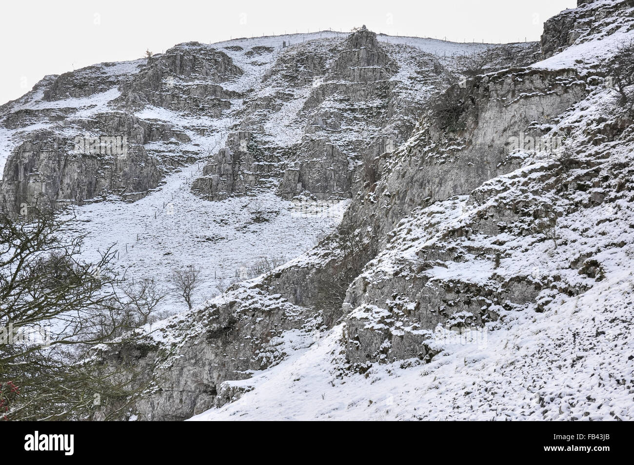 Kalkstein-Landschaft in Wolfscote Dale im Peak District im Winter. Stockfoto