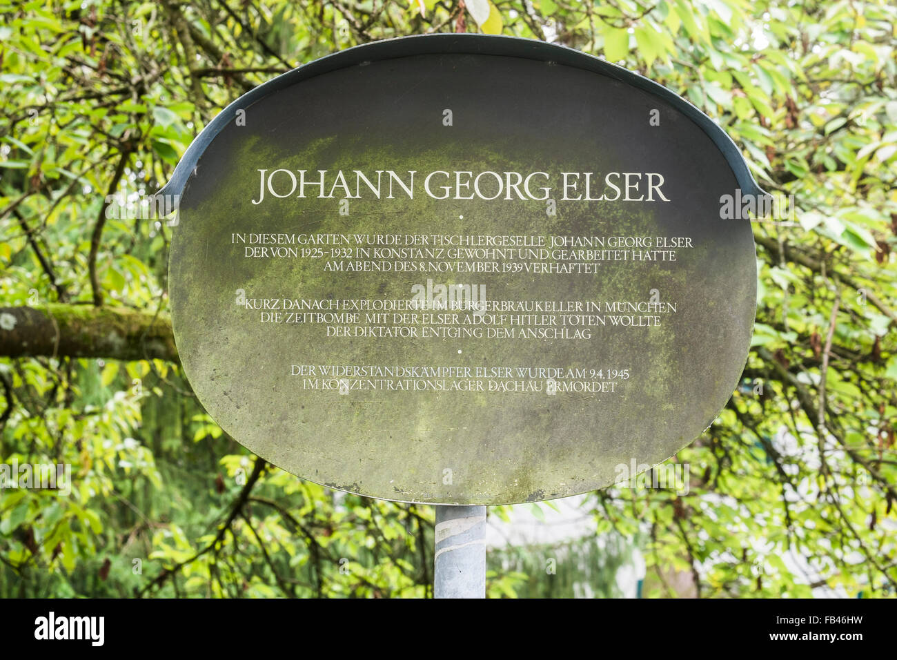 Gedenktafel für Johann Georg Elser, am Ort seiner Haft, die geplant und durchgeführt einem Ermordung Versuch Stockfoto