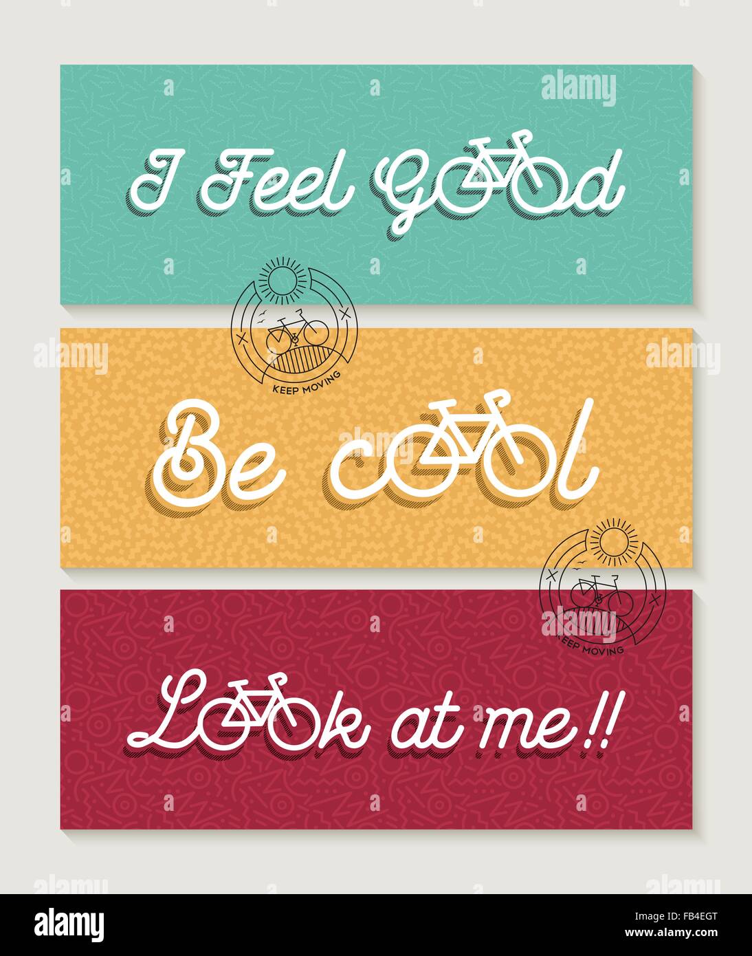 Fahrrad-Konzept-Banner-Beschriftung-Set. Motivation-Text-Zitate mit Fahrrad beschreiben Elemente und Linie Kunst Symbol Dekoration. EPS10 Vektor. Stock Vektor