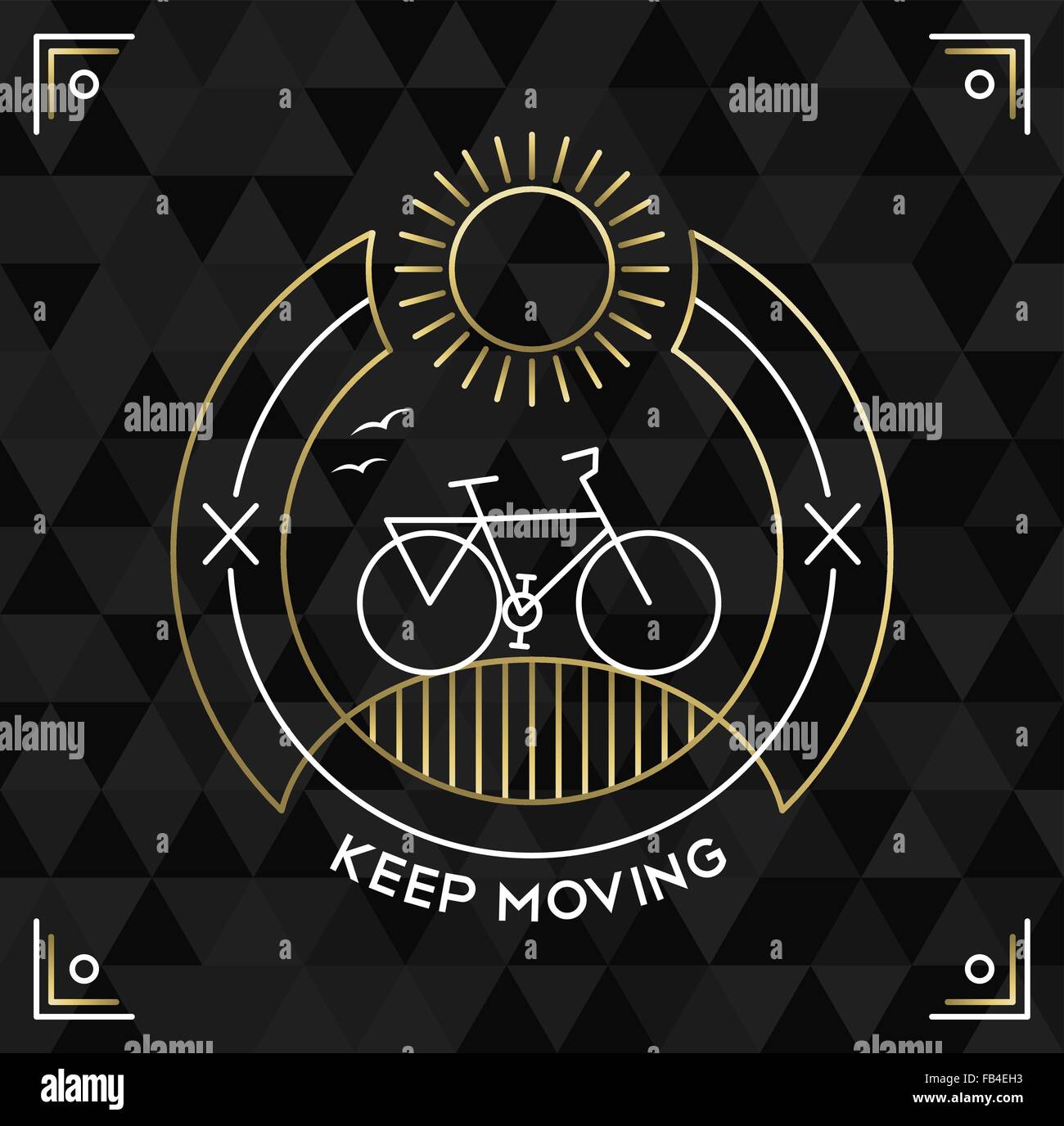 Fahrrad-Konzept Plakatgestaltung, Linie Kunst Fahrrad Gliederung in gold Farbe mit Label und low-Poly-Gitter-Hintergrund. EPS10 Vektor. Stock Vektor