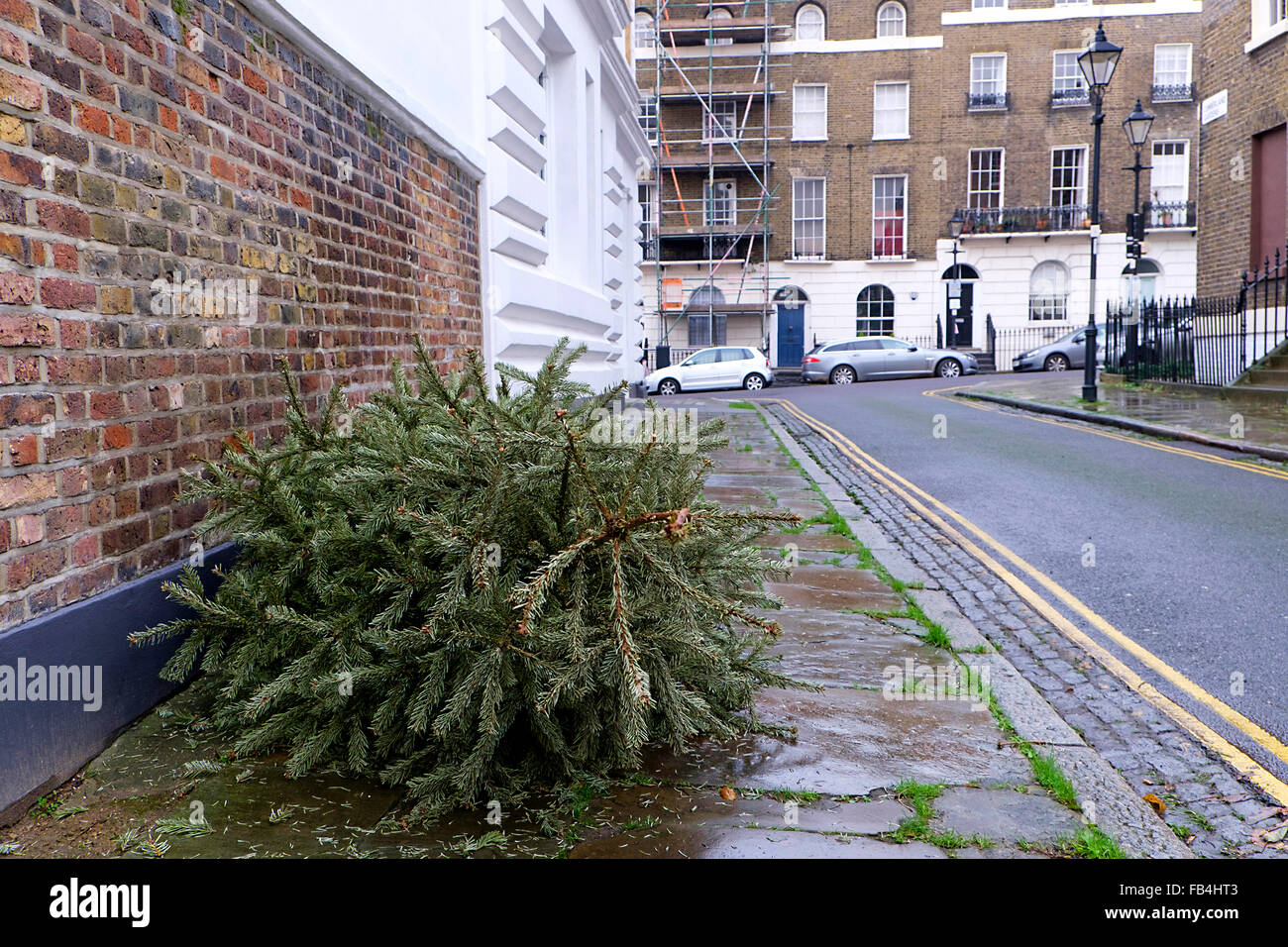 Verlassene Weihnachtsbäume in den Straßen liegen Stockfoto