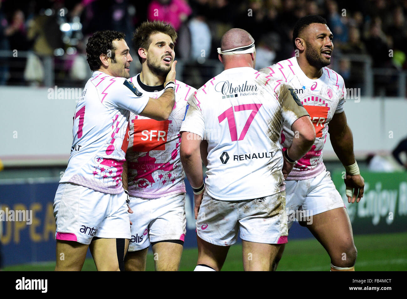 09.01.2016. Paris, Frankreich. European Champions Cup Rugby Union. Stade Francais im Vergleich zu Münster. Feiern von Stade Francais für den Versuch von HUGO BONNEVAL (Stade Francais) Stockfoto