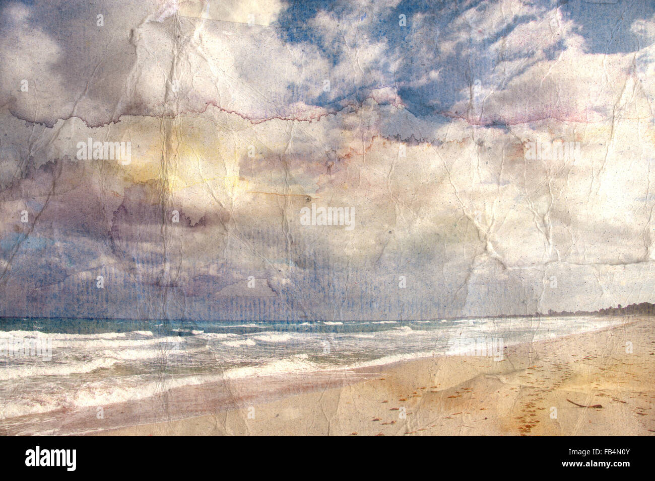 Aquarell Landschaft Retro-Ocean Beach und Himmel Stockfoto