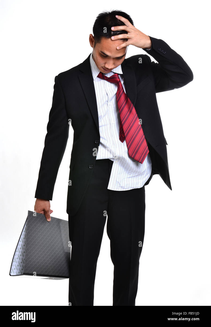 Sorge Geschäftsmann isoliert auf weißem Hintergrund Stockfoto