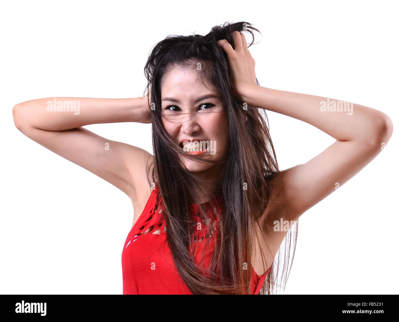 Wütend hübsche Frauen isoliert auf weißem Hintergrund Stockfoto