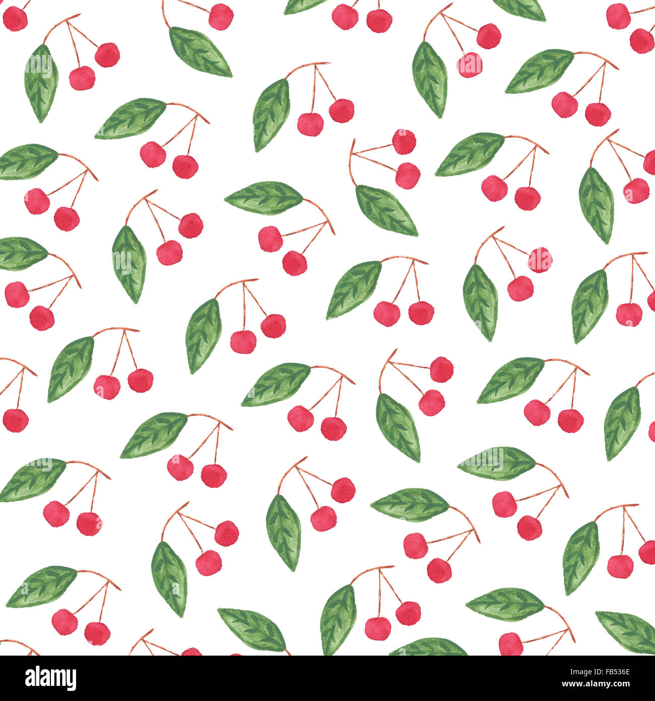 Aquarell Muster mit Kirschen und Blätter. Illustration für Papier oder Stoff Designs isoliert auf weißem Hintergrund. Stockfoto
