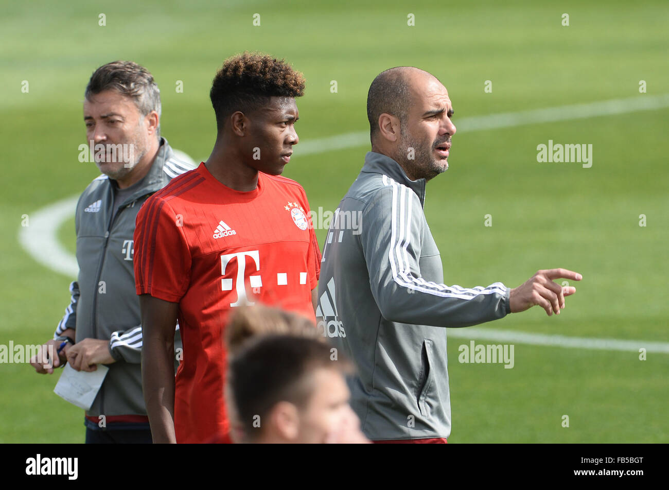 Doha, Katar. 10. Januar 2016. Münchner David Alaba (C) steht zwischen Mitarbeitenden Trainer Domenec Torrent (L) und Trainer Pep Guardiola während einer Trainingseinheit in Doha, Katar, 10. Januar 2016. Bayern München soll in Katar bis 12. Januar 2016 zur Vorbereitung der zweiten Hälfte der deutschen Fußball-Bundesliga-Saison zu bleiben. Bildnachweis: Dpa picture Alliance/Alamy Live News Stockfoto
