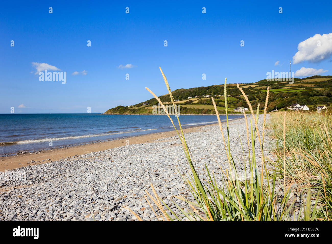 Ruhigen Kiesstrand mit Gräser wachsen am Meeresstrand bei Llanddona, Isle of Anglesey, (Ynys Mon), North Wales, UK, Großbritannien Stockfoto