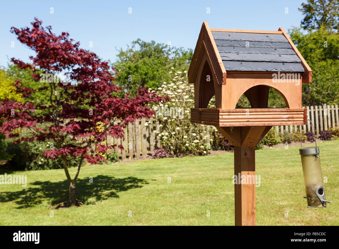 Holz Vogelhaus mit Schieferdach und Samen Zubringer im heimischen Garten im Sommer. Wales, UK, Großbritannien Stockfoto
