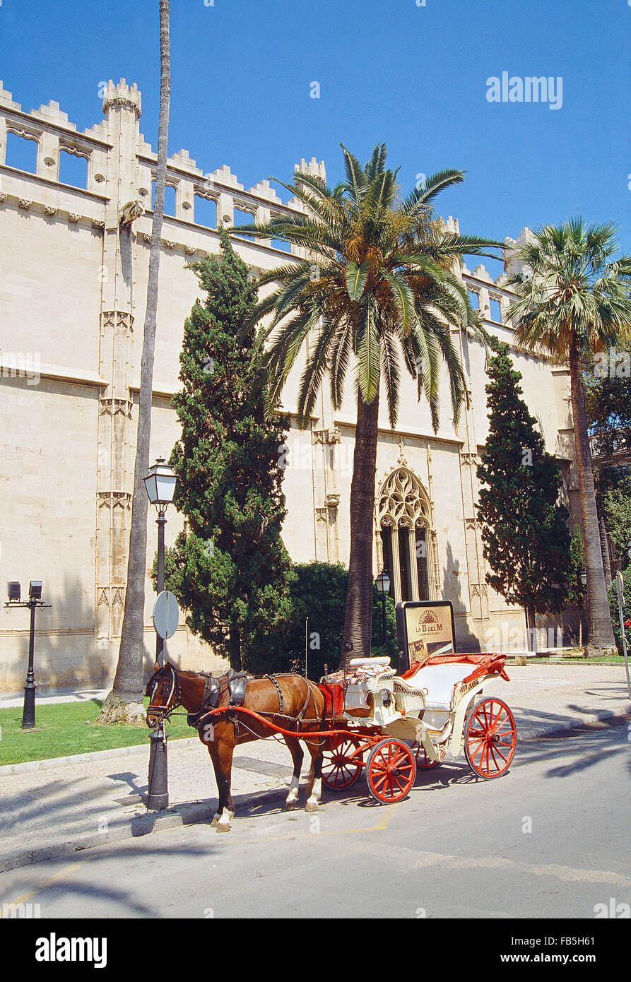 Pferdekutsche neben der Lonja. Palma De Mallorca, Balearen, Spanien. Stockfoto