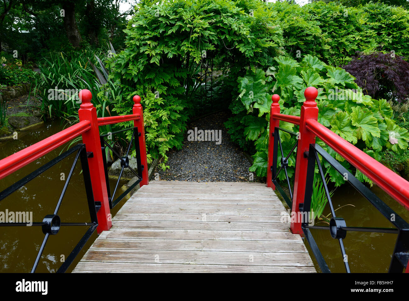 roten japanischen asiatischen Stil Fußgängerbrücke Bogen gewölbt Garten Rathbawn Gärten Kilteel Kildare RM Floral Stockfoto