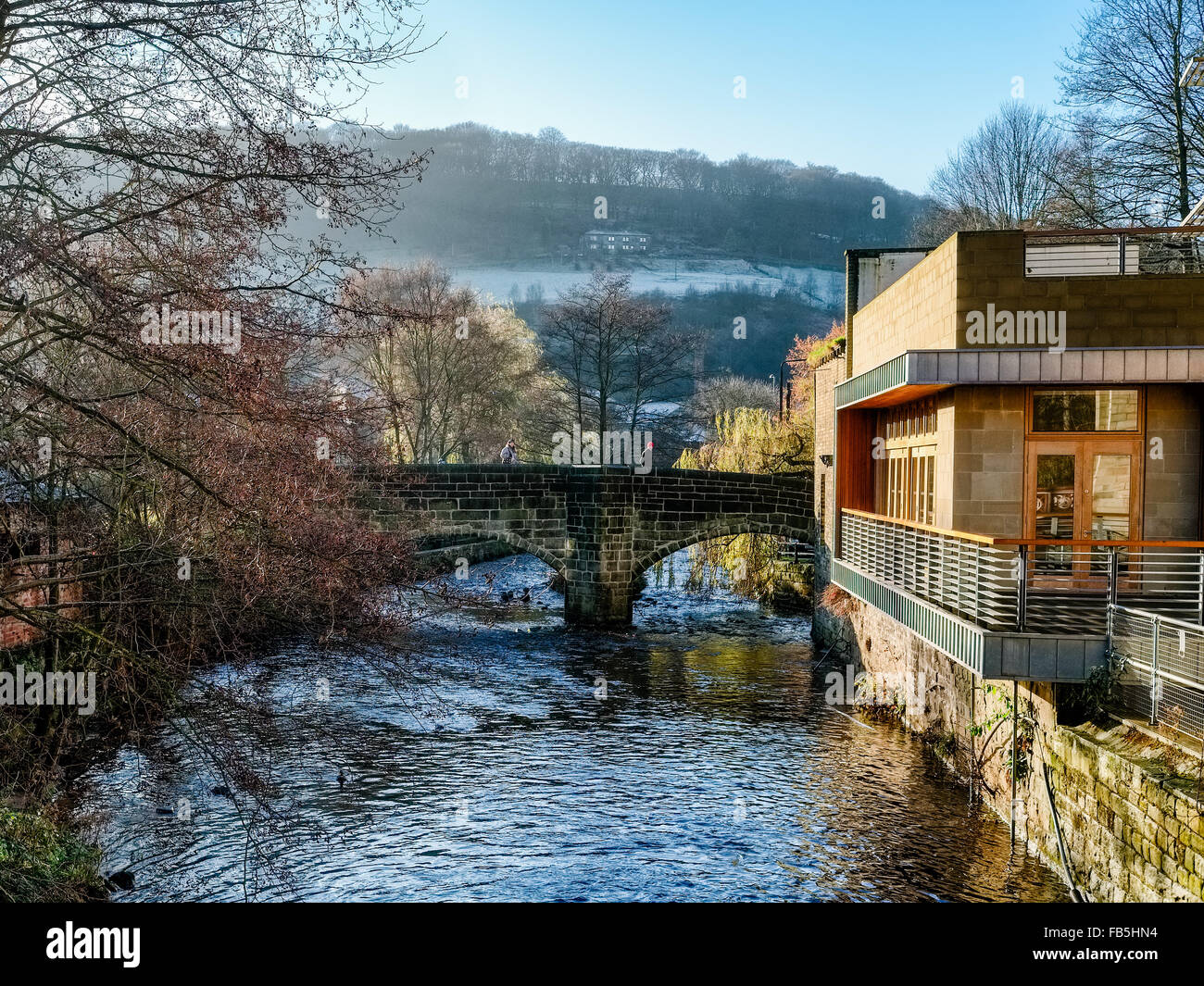 Ein Blick auf die alte Brücke der Lastesel in Hebden Bridge, West Yorkshire. Stockfoto