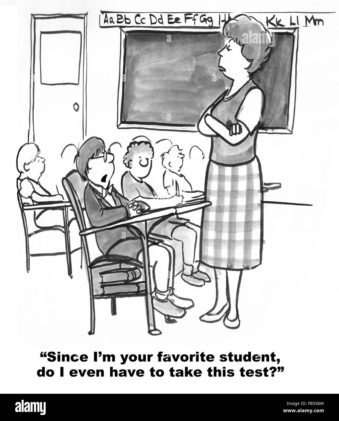 Bildung-Cartoon.  Der Junge fragt sich, ob zu den Test zu machen, denn er ist der Lehrer Lieblingsschüler hat. Stockfoto