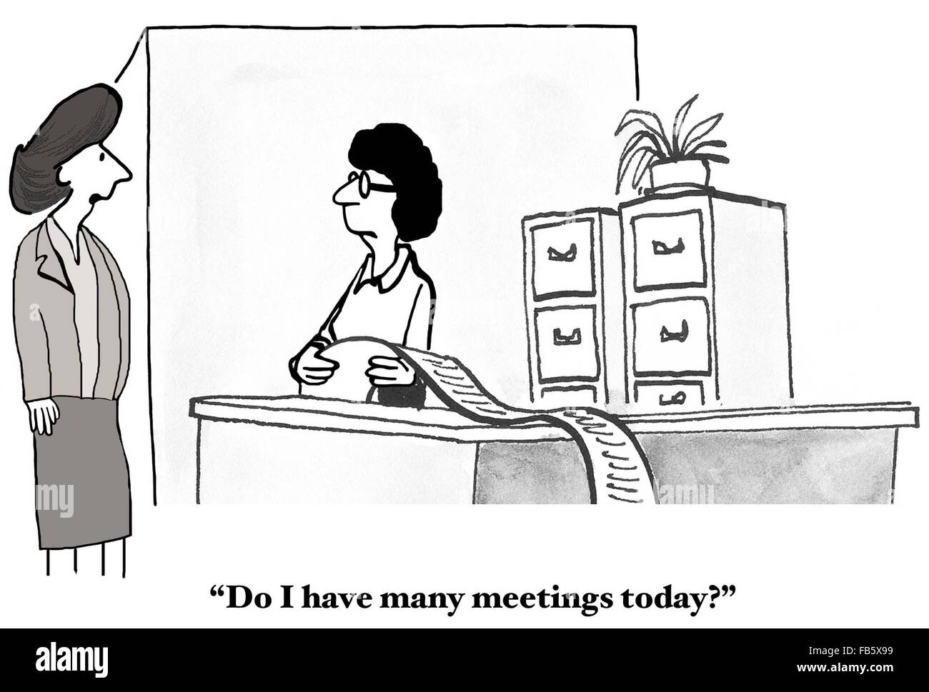 Geschäftliche Cartoon zu treffen. Die Geschäftsfrau hat mehr treffen als es Stunden in den Tag gibt. Stockfoto