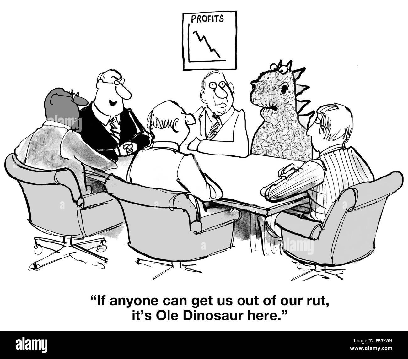 Geschäftliche Cartoon über Change-Management.  Gewinne sind auf Talfahrt, Ole Dinosaurier können sicherlich helfen. Stockfoto