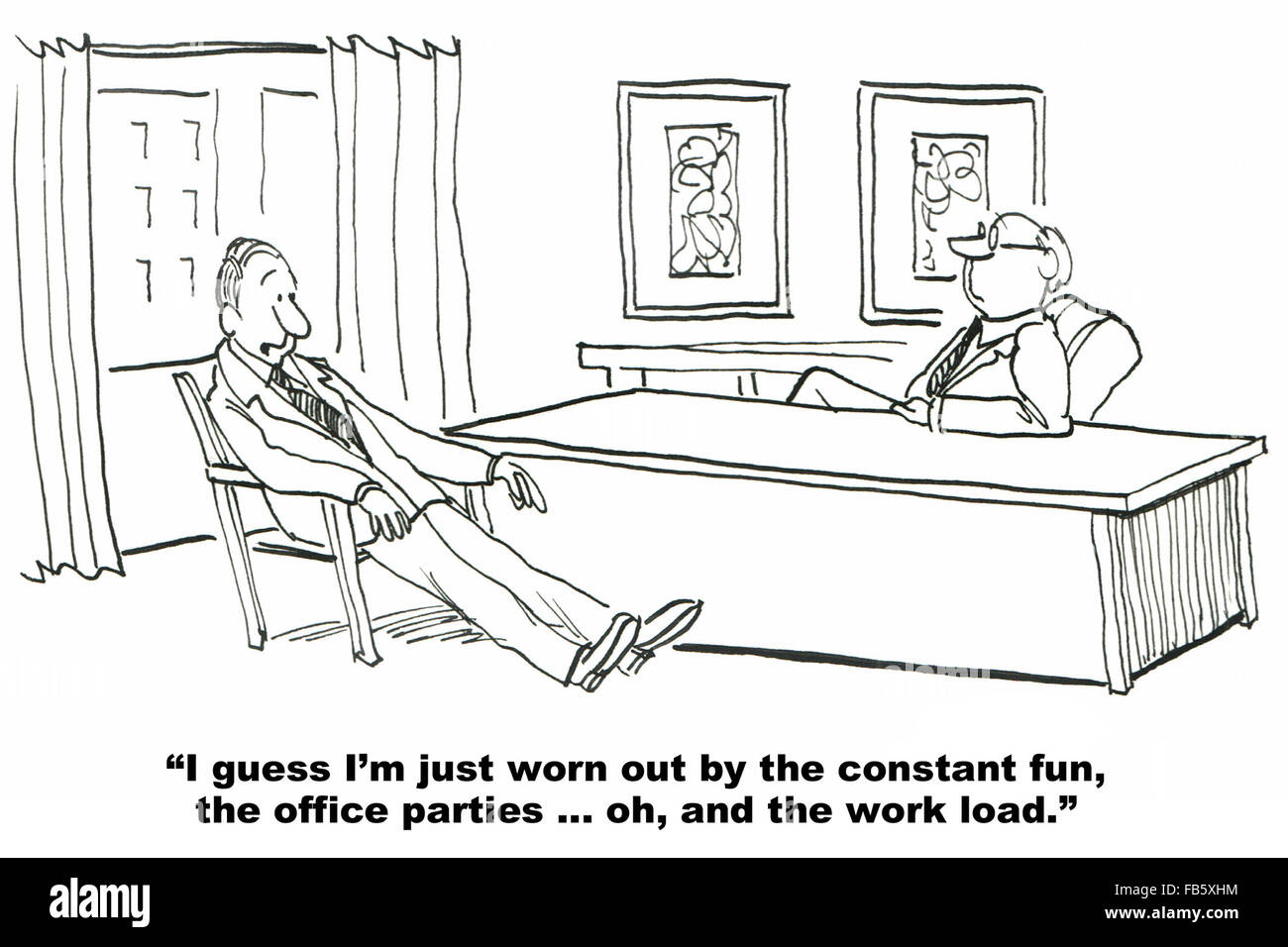 Geschäftliche Cartoon über Unternehmenskultur.  Der Geschäftsmann schätzen der Firma fun-Ansatz zu arbeiten. Stockfoto