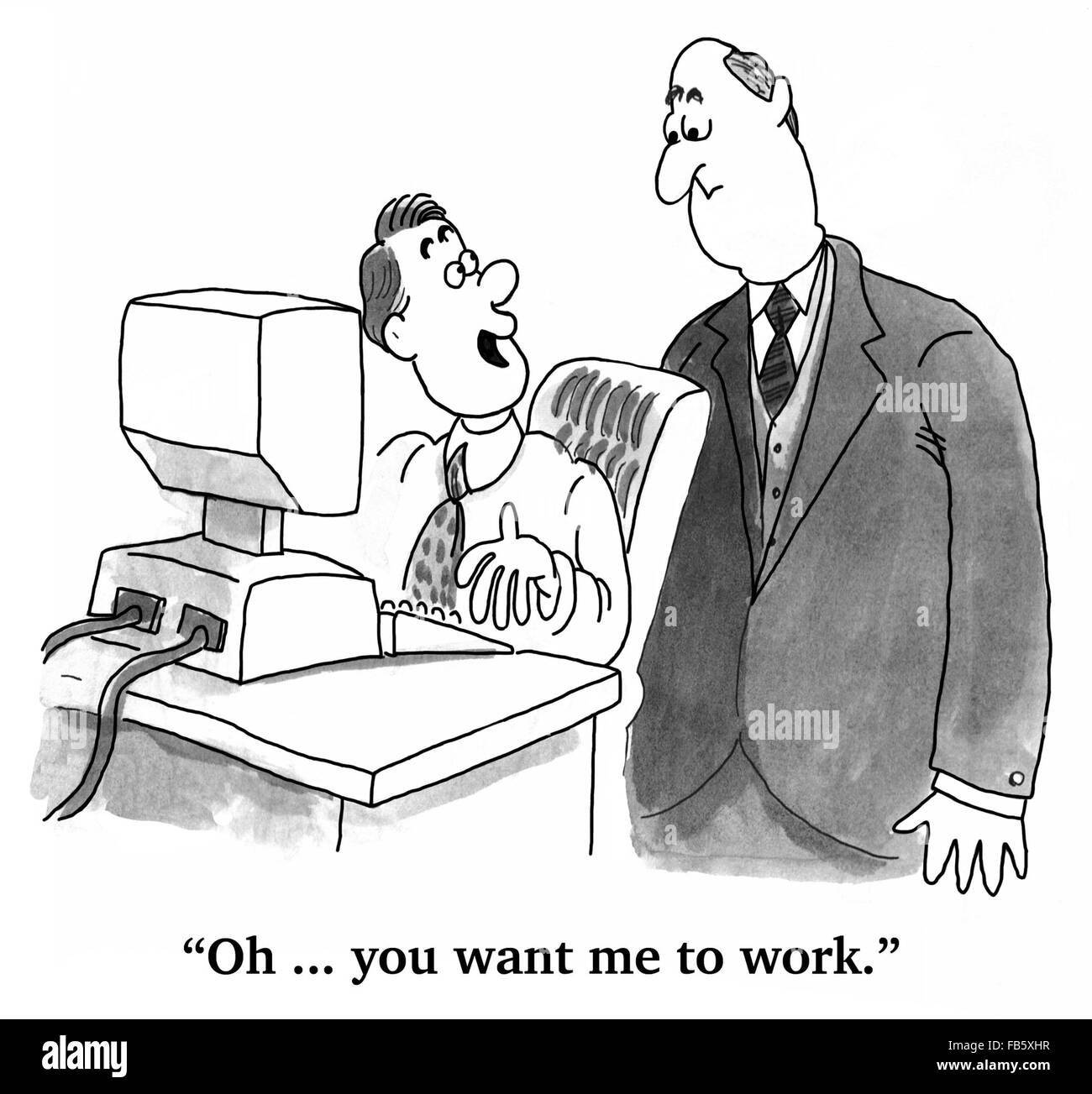 Geschäftliche Cartoon über die Produktivität.  Der Arbeitnehmer hat von seinem Chef Spielen erwischt worden. Stockfoto