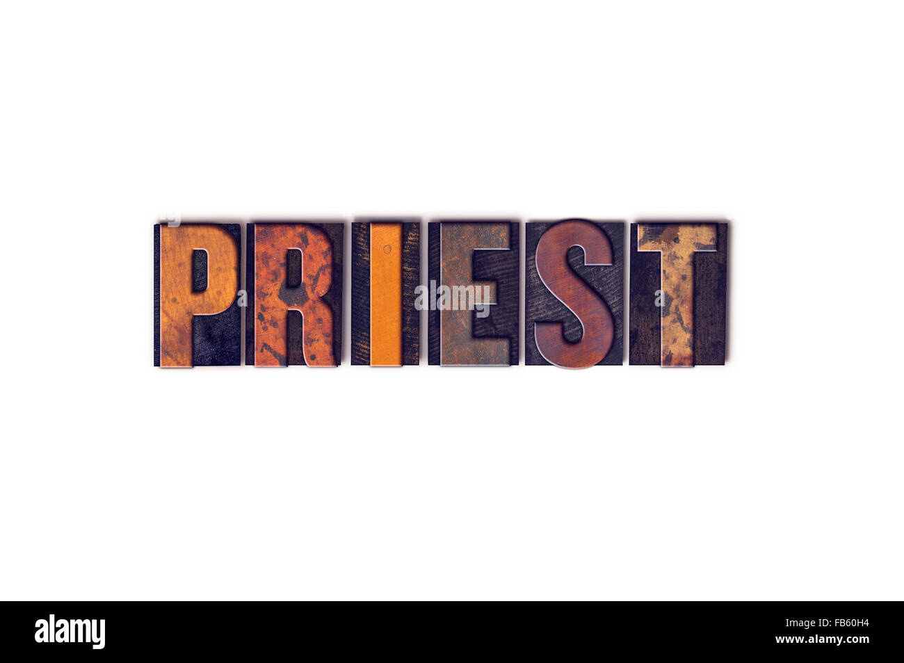 Das Wort "Priester", geschrieben in isolierten Vintage Holz Buchdruck Typ auf einem weißen Hintergrund. Stockfoto