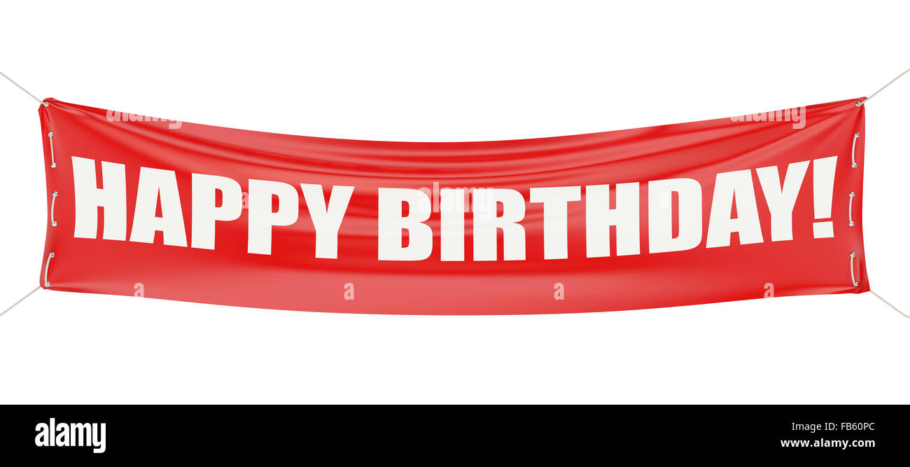 Herzlichen Glückwunsch zum Geburtstag! Rotes Banner isoliert auf weißem Hintergrund Stockfoto
