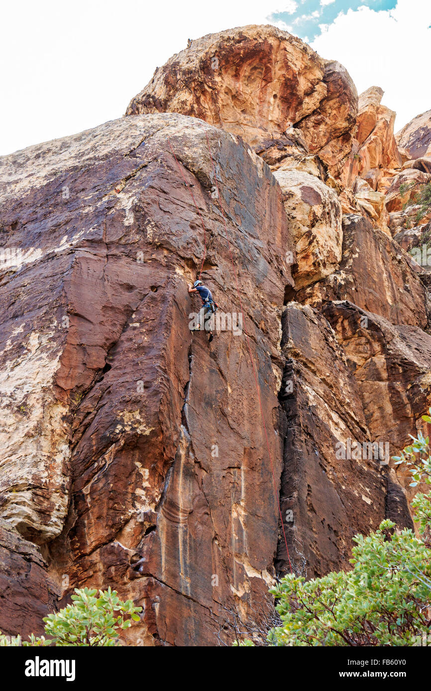 Kletterer skaliert Rock im Red Rock Canyon National Conservation Area, 20 Meilen westlich von Las Vegas, NV, USA. Stockfoto