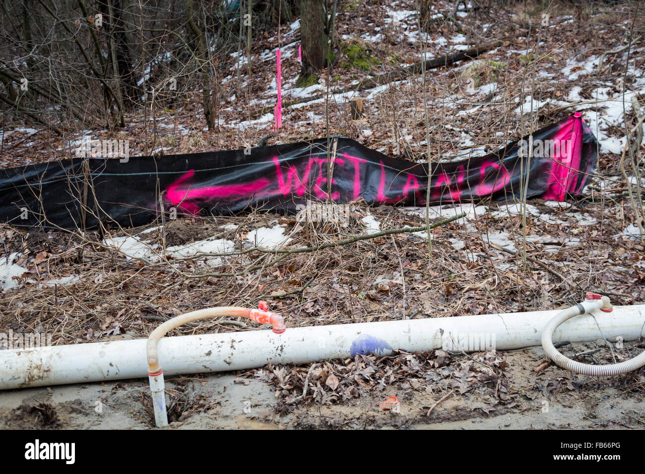 Columbiaville, Michigan - ein Feuchtgebiet zeichnet sich auf dem Weg einer Pipeline, die konstruiert wird, um Wasser von See Hu bringen Stockfoto