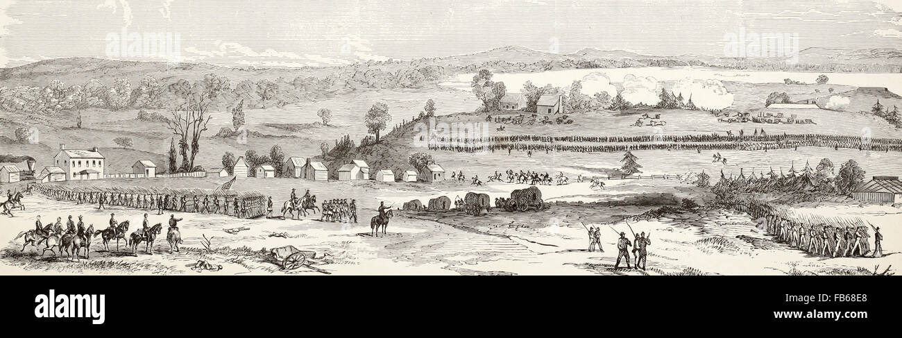 Die konföderierten Truppen unter General Jackson voran auf der Rappahannock Station am Fluss - Bundes Batterien Beantwortung der Konföderierten Artillerie, 23. August 1862, wird der Beginn der Kämpfe zwischen den Generälen Papst und Lee und Jackson, endet am Bull Run, 30. August 1862. USA Bürgerkrieg Stockfoto