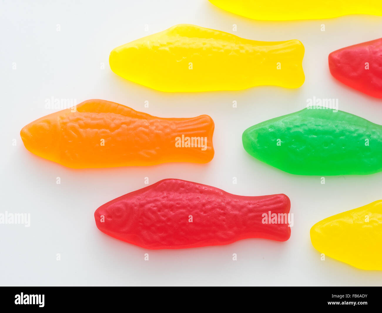 Eine Nahaufnahme des schwedischen Fisch, eine fischförmige zäh Candy ursprünglich von dem schwedischen Süßigkeiten-Hersteller Malaco entwickelt. Stockfoto
