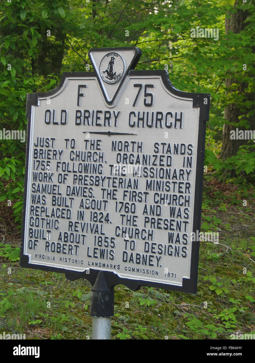 ALTEN BRIERY Kirche nur im Norden steht Briery Kirche, organisiert in 1755 nach der missionarischen Arbeit des presbyterianischen Pfarrers Samuel Davies.  Die erste Kirche wurde um 1760 erbaut und wurde im Jahre 1824 ersetzt.  Die heutige neugotische Kirche wurde um 1855 nach Plänen von Robert Lewis Dabney gebaut.  Virginia historische Landmarks Commission, 1971 Stockfoto