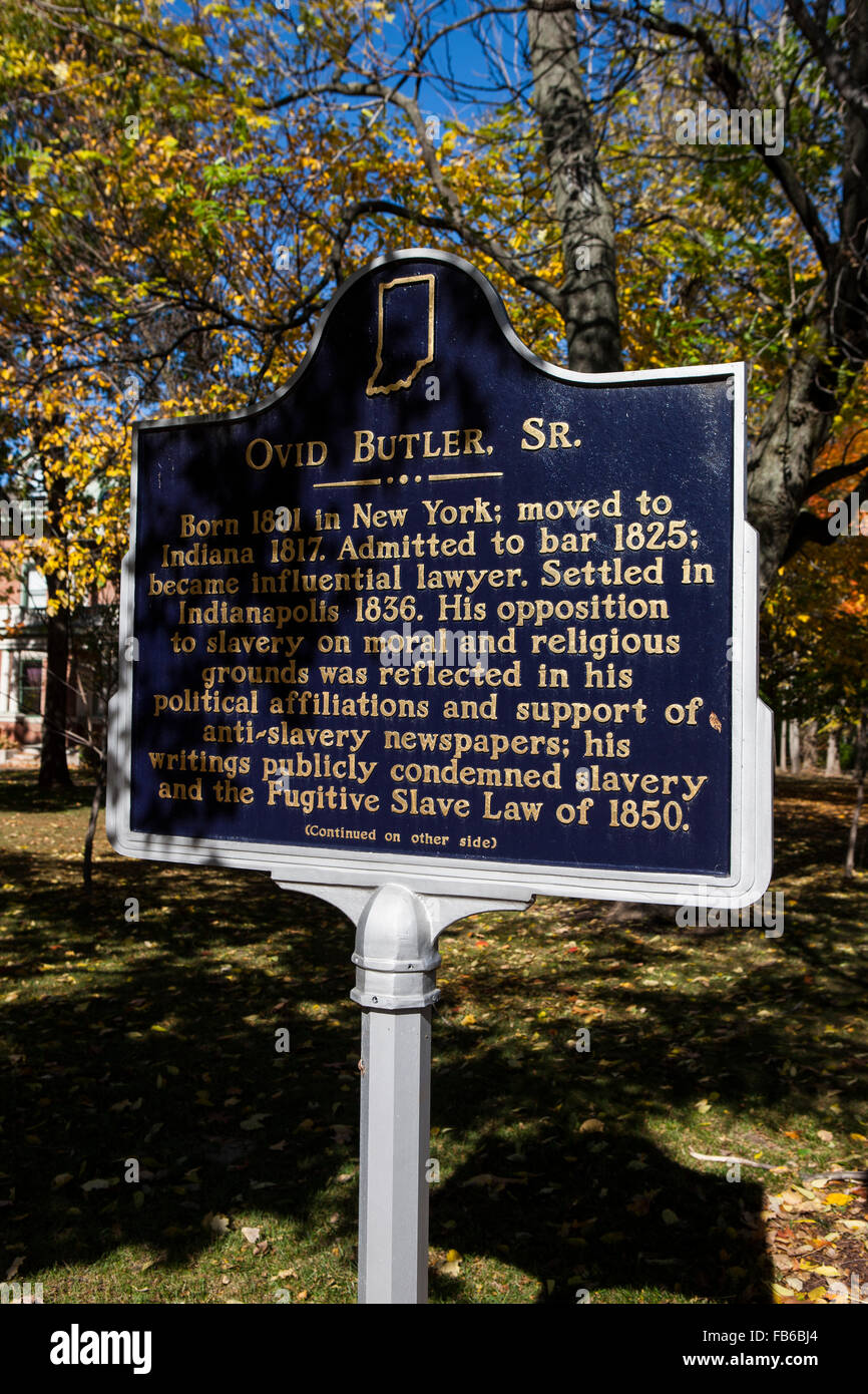 OVID BUTLER, SR.  Geboren 1801 in New York; zog nach Indiana 1817. Rechtsanwalt seit dem Jahre 1825; wurde der einflussreiche Anwalt. Ließ sich in Indianapolis 1836. Seine Opposition gegen Sklaverei auf moralischen und religiösen Gründen spiegelte sich in seinen politischen Zugehörigkeiten und Unterstützung der Anti-Sklaverei-Zeitungen; seine Schriften verurteilte öffentlich Sklaverei und das Fugitive Slave Gesetz aus dem Jahr 1850.  (Fortsetzung auf der anderen Seite) Stockfoto