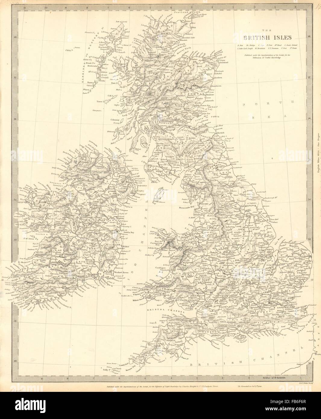 BRITISCHEN Inseln: Vereinigtes Königreich & Irland. Landkreise Städte Flüsse. SDUK, 1848-Karte Stockfoto