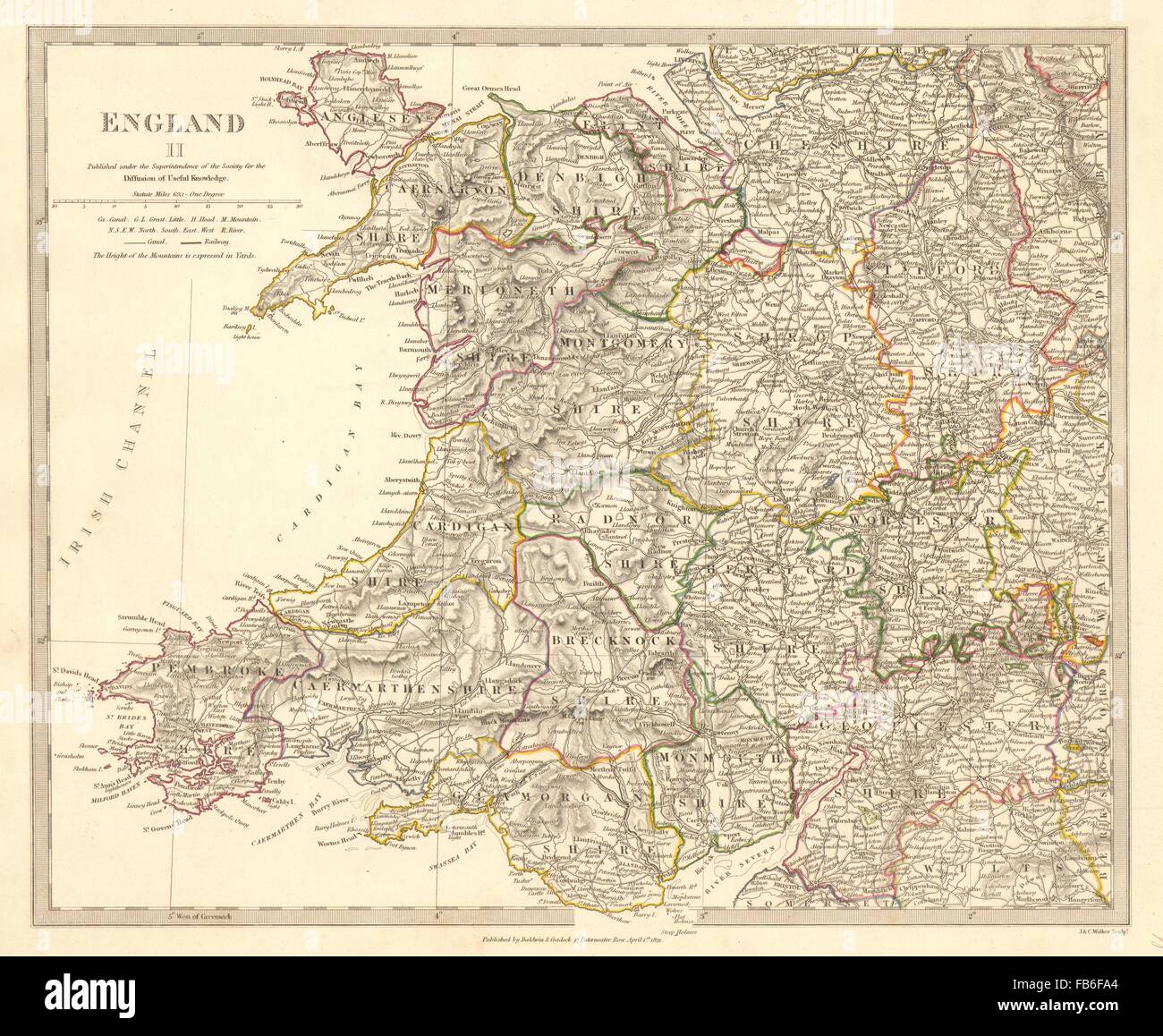 WALES & ENGLAND WEST MIDLANDS: Zeigt Grafschaften. Originalfarbe. SDUK, 1848-Karte Stockfoto