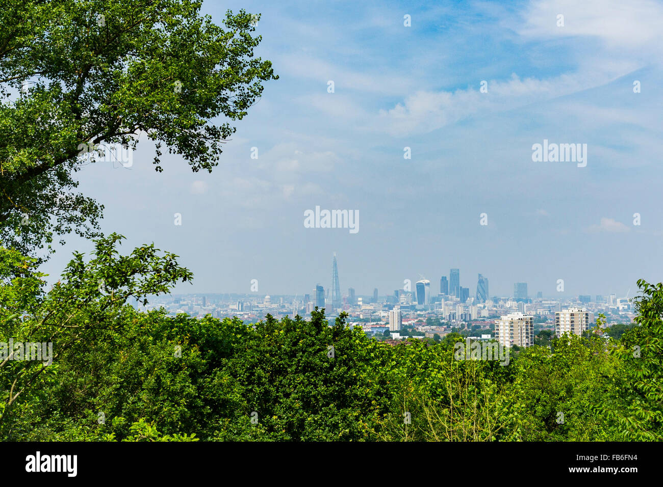 Blick auf die City of London von oben von One Tree Hill, Honor Oak Park, London, England Stockfoto