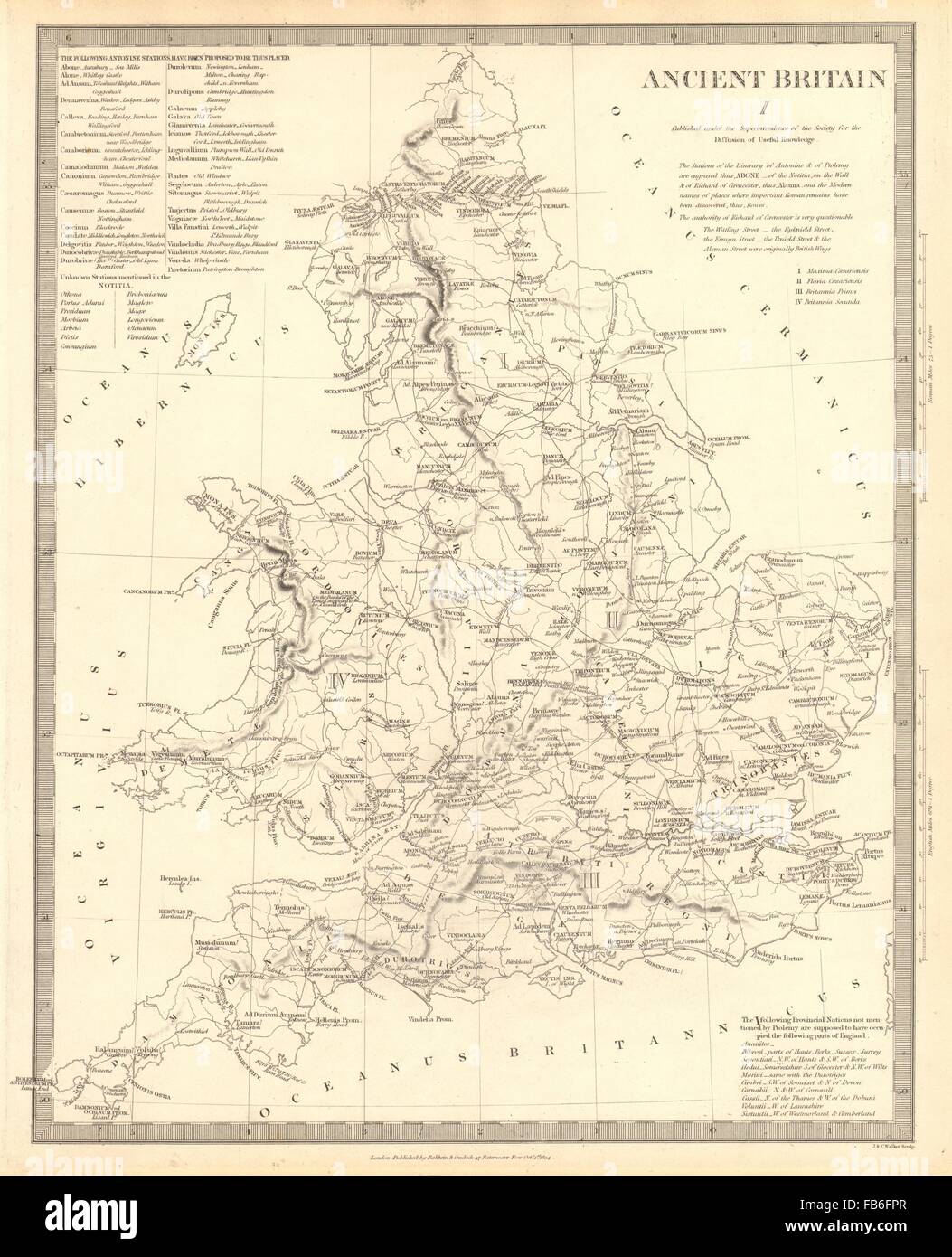 ALTEN England: England & Wales: römische Straße Ortsnamen. Ptolemäus SDUK, 1848-Karte Stockfoto
