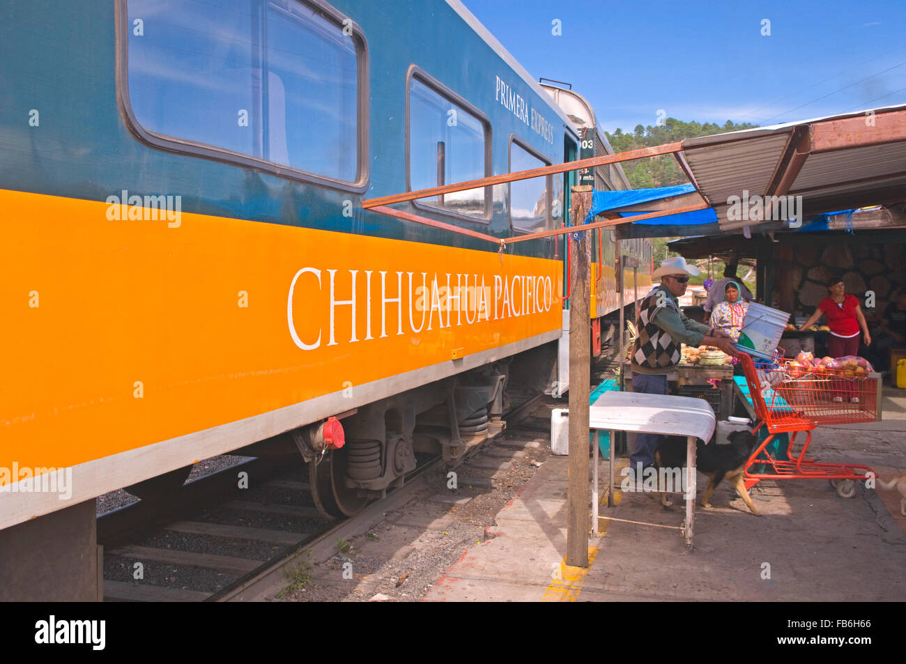 Der berühmte Copper Canyon (Barranca del Cobre) Zug an der Divisadero Station in Mexiko Stockfoto