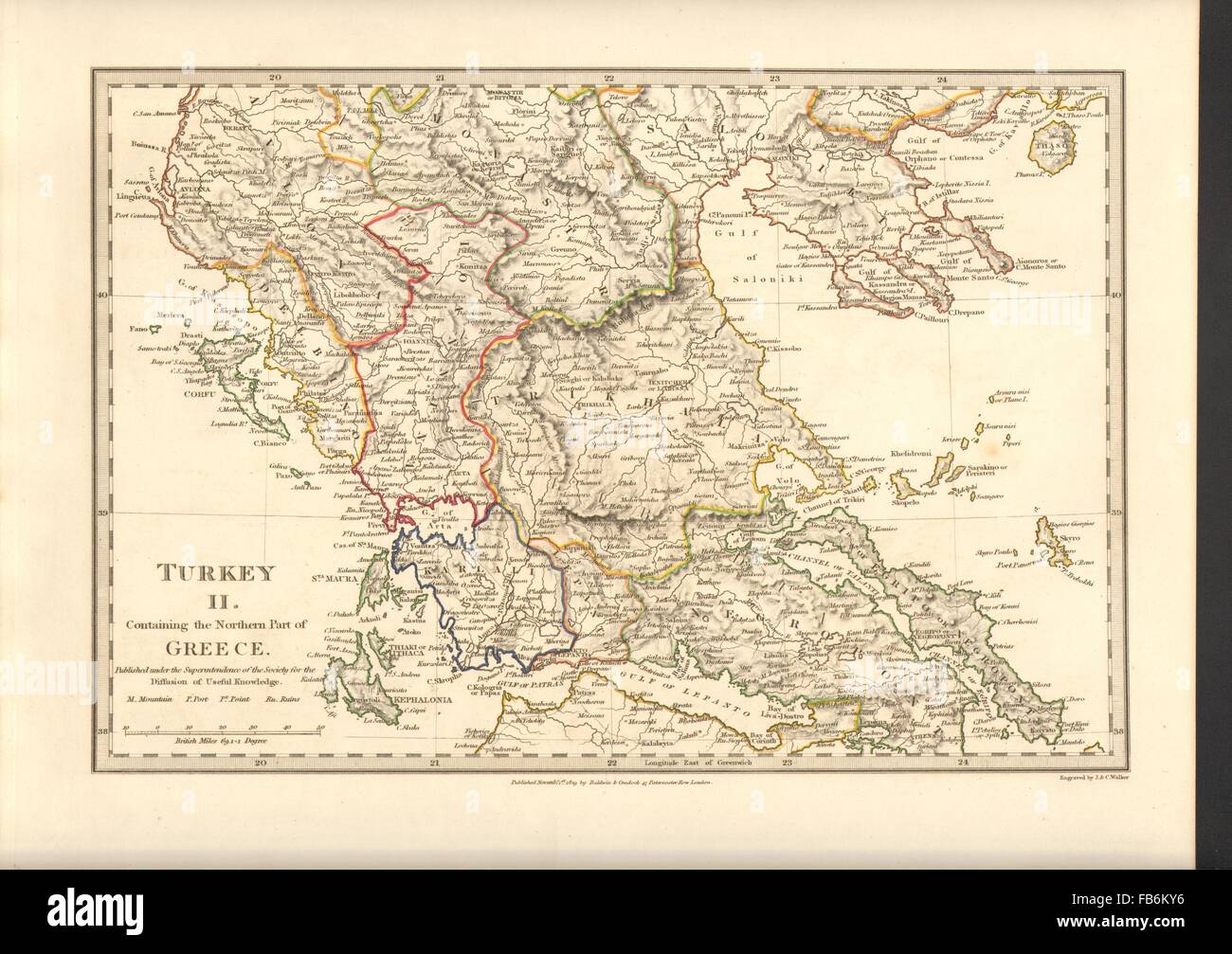 Griechenland: Corfu Ionischen Euböa Kephalonia Saloniki Lepanto Ioannina.SDUK, 1848-Karte Stockfoto