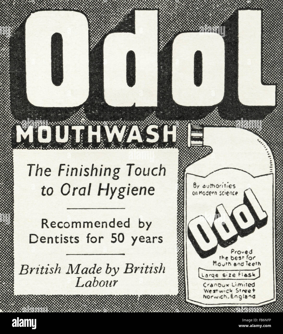 Original Vintage Anzeige aus der 1930er Jahre. Werbung ab Oktober 1939, zu Beginn des zweiten Weltkriegs, Werbung Odol Mundwasser für die Mundhygiene. Stockfoto