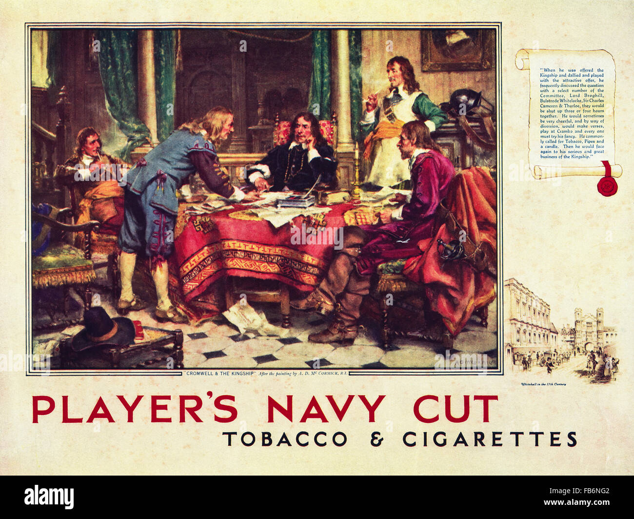 Original ganzseitige Vintage Farbe Anzeige aus der 1930er Jahre. Werbung ab Oktober 1939, zu Beginn des zweiten Weltkriegs, die Werbung des Spielers Navy Cut Tabak & Zigaretten. Stockfoto