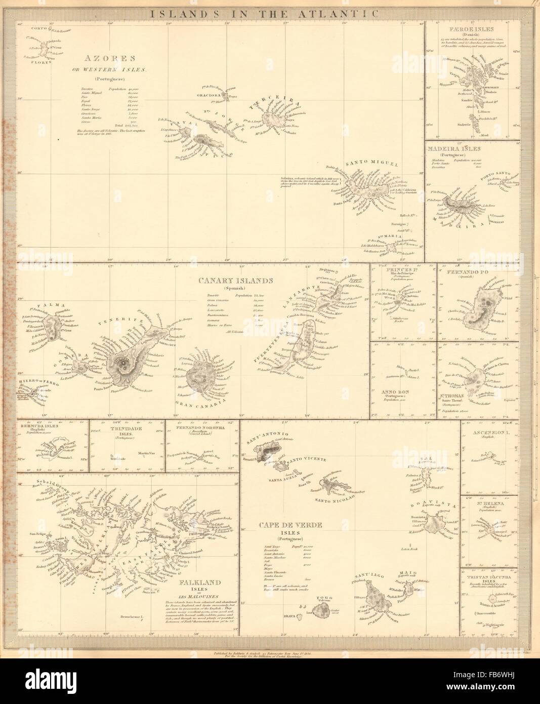 Atlantische Inseln: Azoren Färöer Madeira Kanarischen Bermuda Falklands.SDUK, 1848-Karte Stockfoto