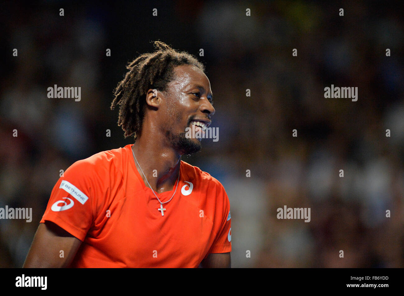 Sydney, Australien. 11. Januar 2016. Gael Monfils (FRA) in Aktion gegen Nick Kyrgios (AUS), während die Ausstellung FAST4 Tennis Spiele Allphones Arena. Bildnachweis: Action Plus Sport Bilder/Alamy Live News Stockfoto