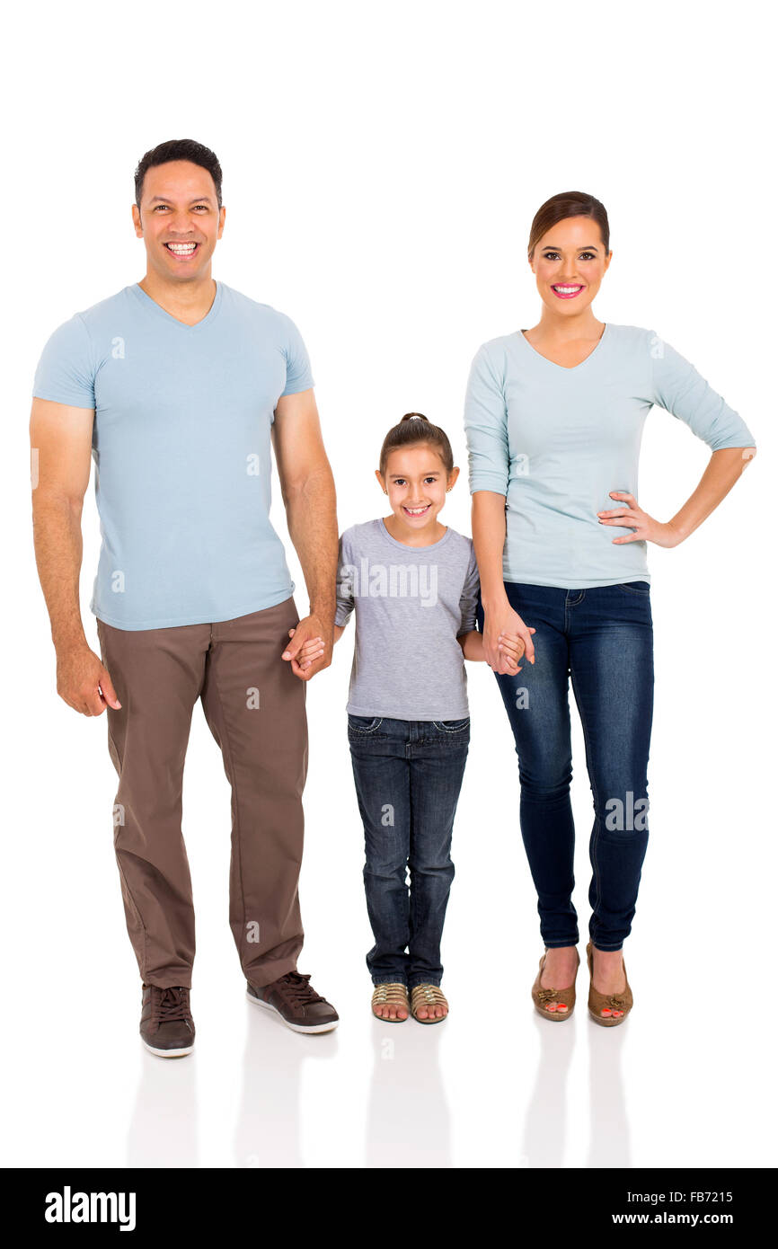 glückliche Familie Hand in Hand auf weißem Hintergrund Stockfoto