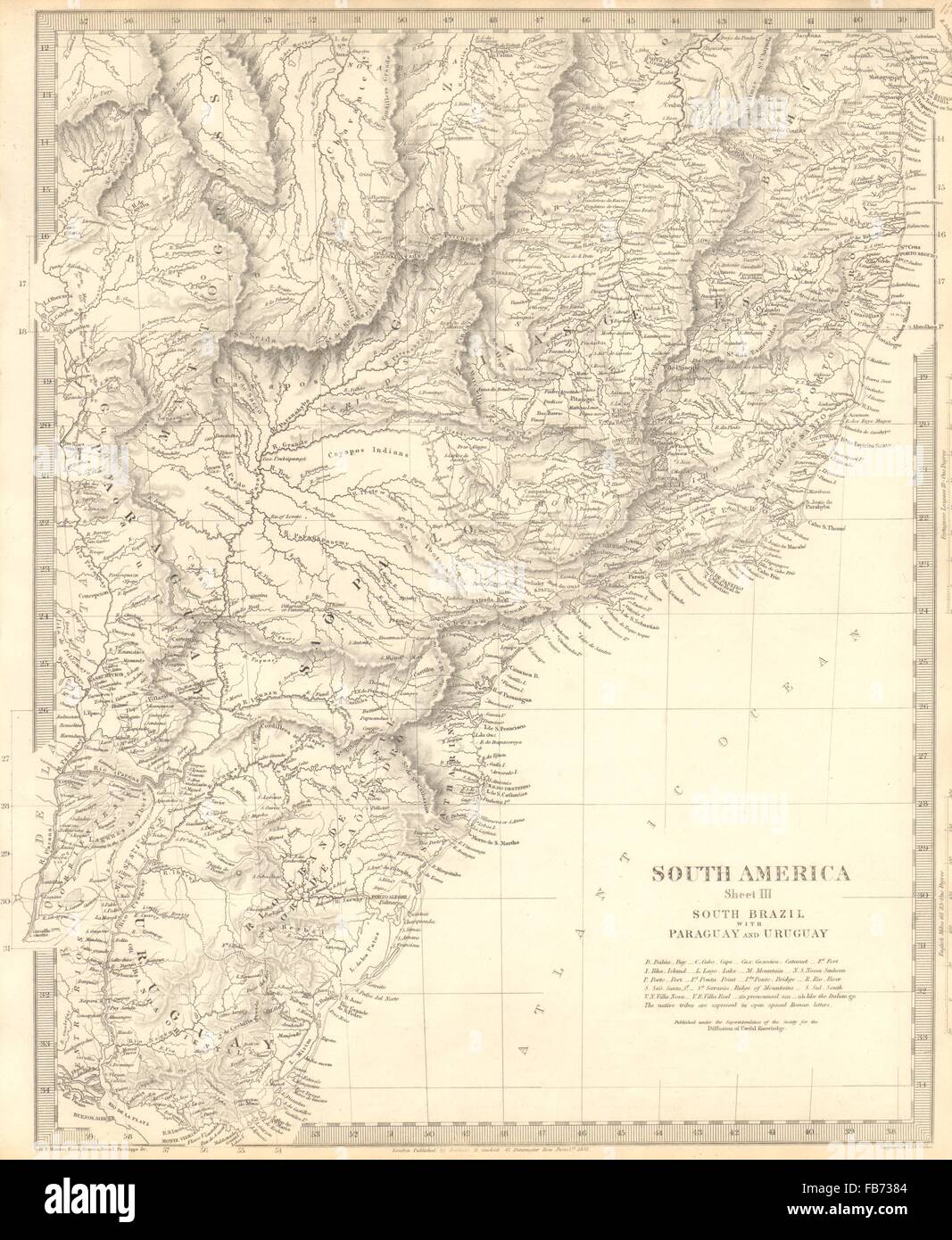 Süd-Brasilien-PARAGUAY-URUGUAY: Bahia Minas Gerais Sao Paolo. SDUK, 1848-Karte Stockfoto
