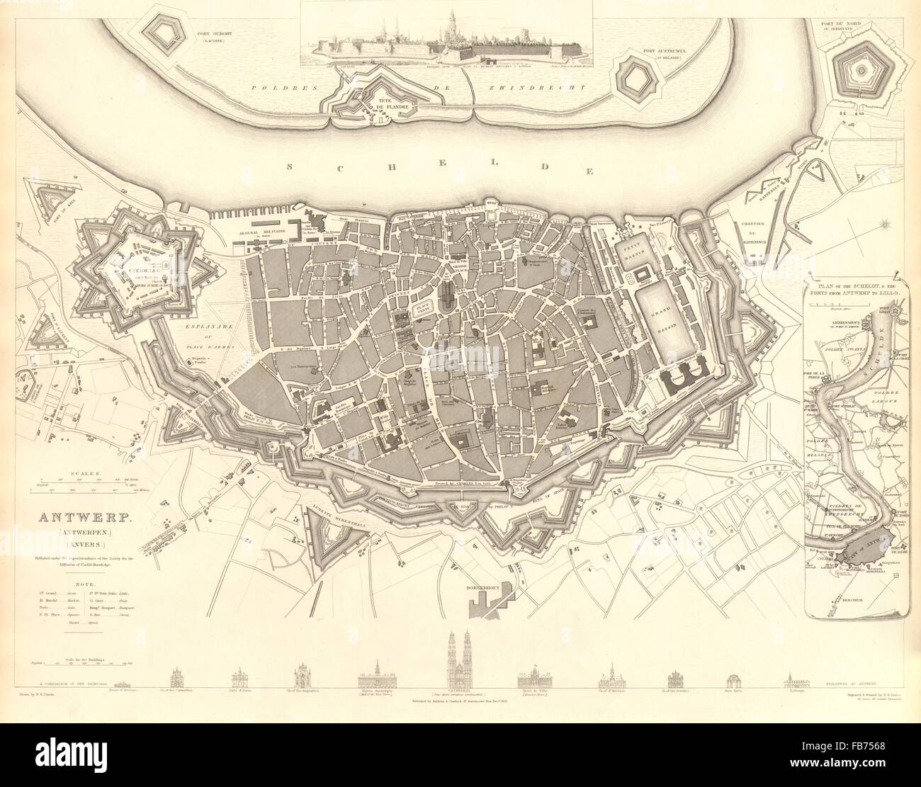 Antwerpen-ANTWERPEN-Antwerpen: Stadt Stadtplan. Schelde Festungen Lillo. SDUK, 1848 Stockfoto