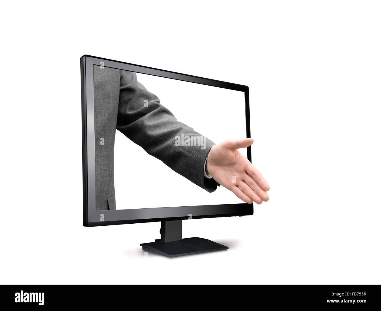 Person Handshake über den Monitor isoliert auf einem weißen Hintergrund zu erreichen. Stockfoto