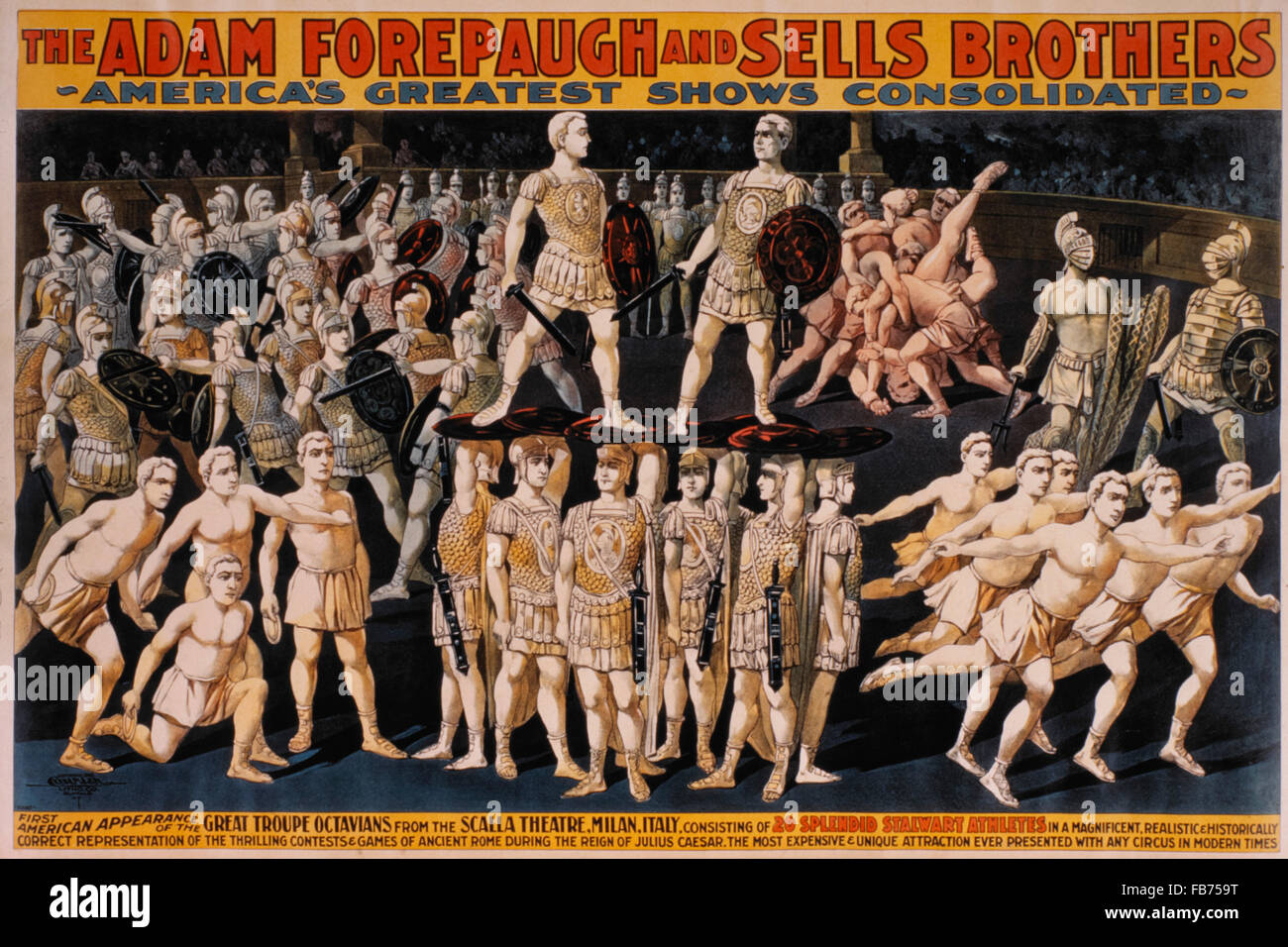 Adam Forepaugh und Sells Brothers Amerikas größten Shows konsolidiert, ersten amerikanische Auftritt der großen Truppe Octavians, Zirkus-Poster, um 1900 Stockfoto