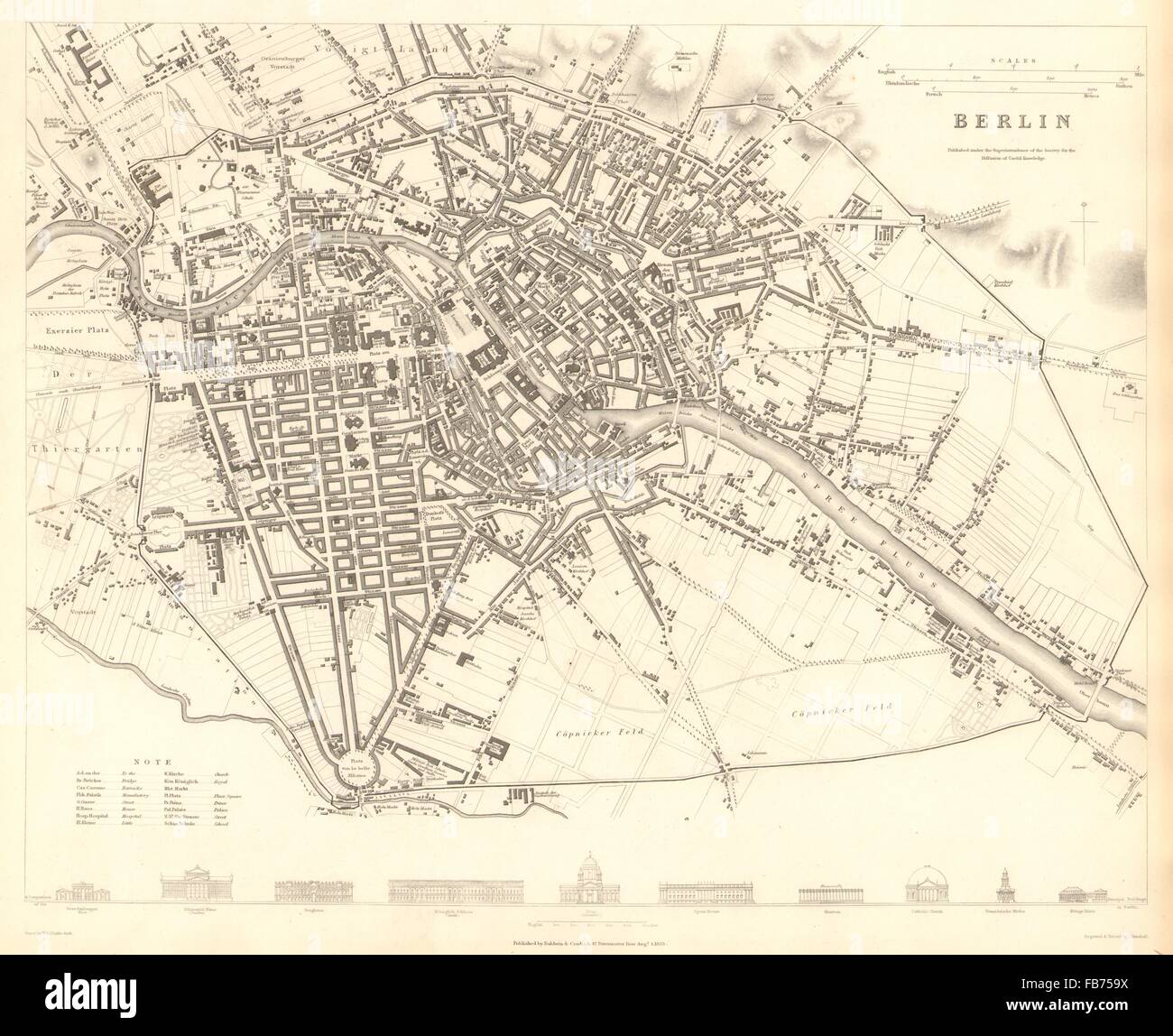 BERLIN: Antike Stadt Karte Stadtplan. SDUK, 1848 Stockfoto