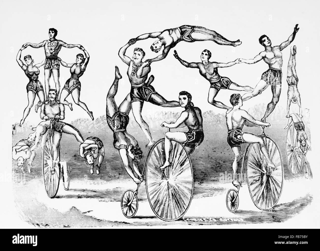 Zirkus-Akrobaten und High-Rad Fahrradfahrer, Holzschnitt, 19. Jahrhundert Stockfoto