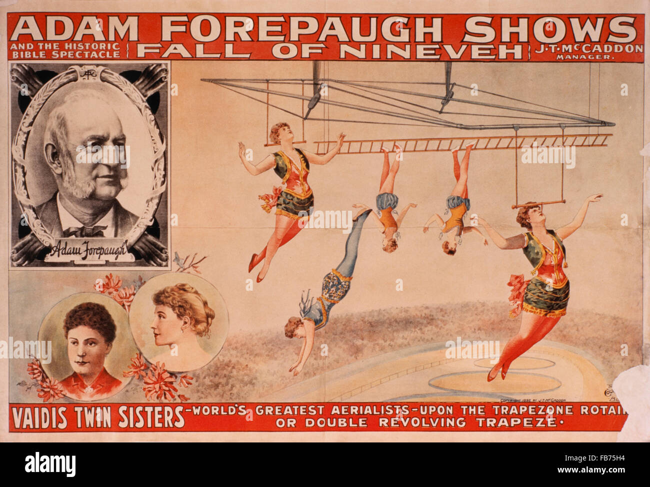 Adam Forepaugh Shows und die historische Bibel Spektakel, Sturz von Ninive, Vaidis Zwillingsschwestern, weltweit größte Luftakrobaten, Zirkus-Plakat, ca. 1898 Stockfoto