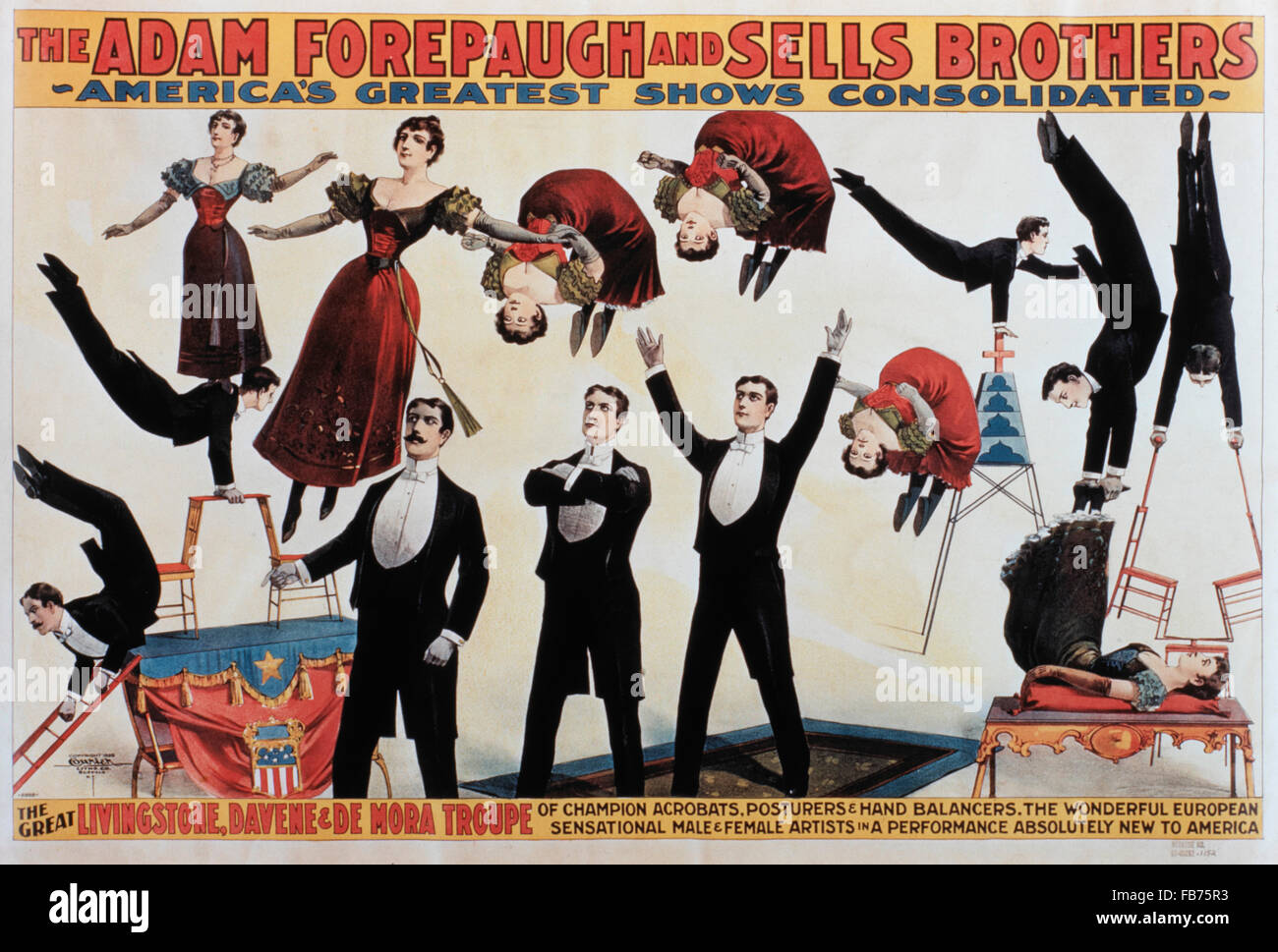 Adam Forepaugh und Sells Brothers Amerikas größten Shows konsolidiert, die große Livingstone, Davene und De Mora Truppe von Champion Akrobaten, Posturers und Hand-Balancer, Zirkus-Poster, um 1900 Stockfoto